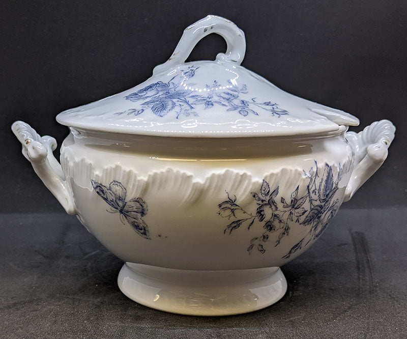 Porcelain Sugar Bowl With Etched Rose Flower & Bird Designs