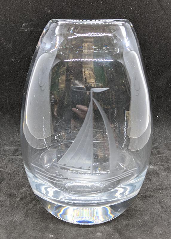 Kosta Art Glass Vase - Etched Sailboat - Vicke Lindstrand
