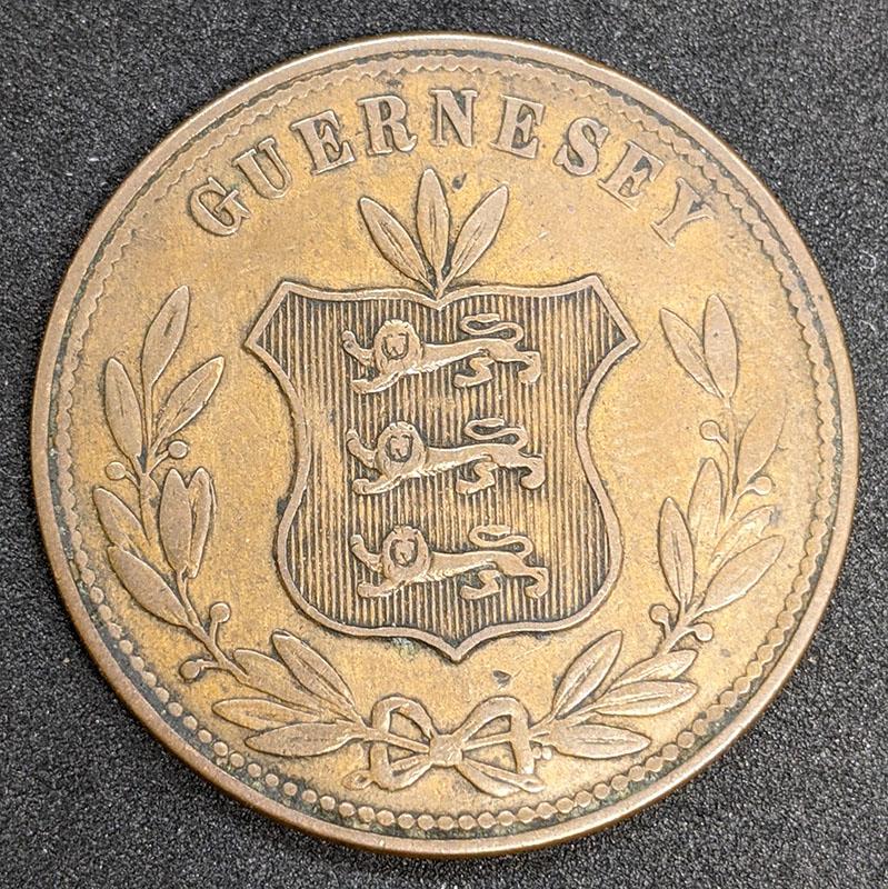1864 Guernsey 8 Doubles Coin – V F +