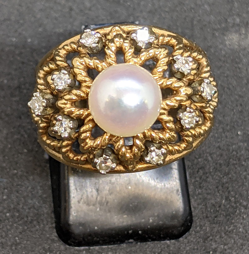 Womens 14 Kt Yellow Gold, Cultured Pearl & Diamond Ring - Size 7.25
