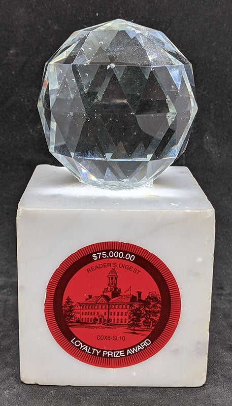 Vintage Reader’s Digest $75,000 Loyalty Prize Award Trophy – Marble / Crystal...