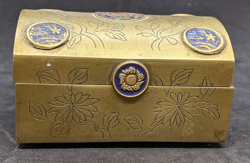 Vintage Chinese Wood Lined Brass Trinket Box
