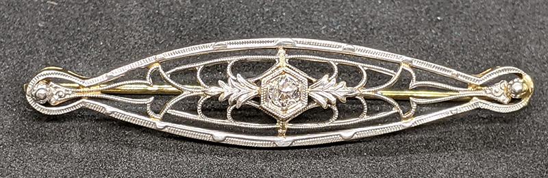Vintage 14 Kt White & Yellow Gold Diamond Solitaire Pin / Brooch