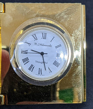 Load image into Gallery viewer, M.J. Hummell Gold Tone &quot;Book&quot; Desk Clock - Thoughtful - Needs Battery
