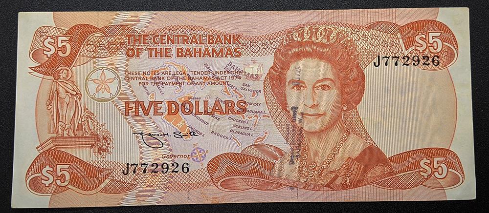 1984 Central Bank of Bahamas $5 Bank Note – V F + / X F – Bank Stamp