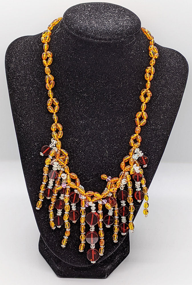 Amber & Garnet Bead Fashion Necklace - Unique Toggle Clasp - 18
