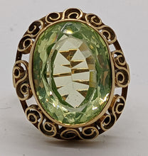 Load image into Gallery viewer, Vintage 14 Kt Yellow Gold Filigree Basket &amp; Green Stone Ring - Size 7.75
