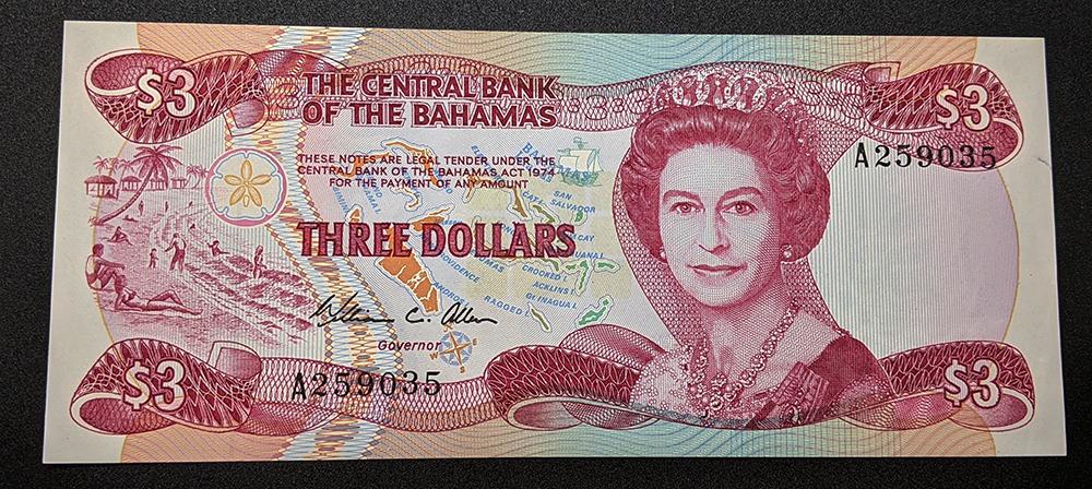 1984 Bahamas $3 Three Dollar Banknote, U N C