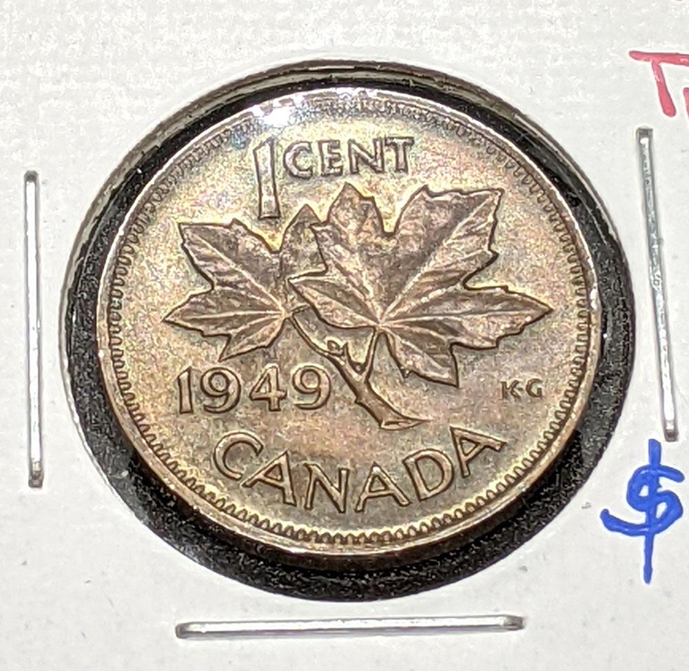 1949 Canada Small One Cent Penny Coin - A Between Denticles