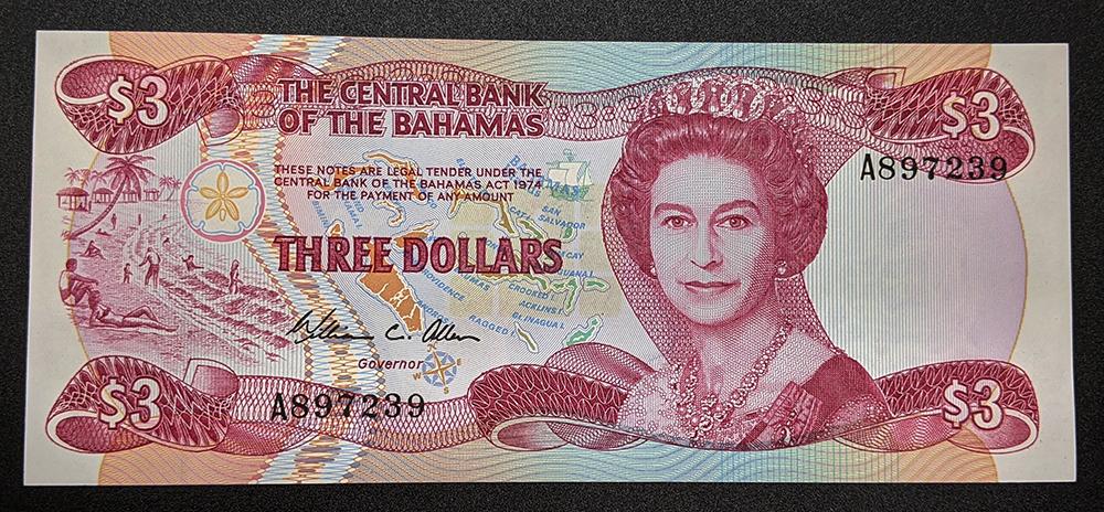 1974 Central Bank of Bahamas $3 Bank Note – U N C