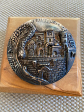 Load image into Gallery viewer, Jerusalem of Gold 925 Silver Medallion on Wooden Plaque
