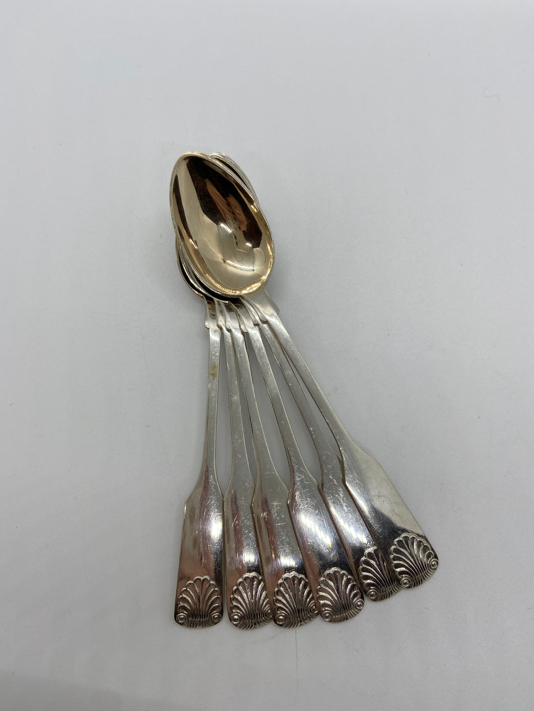 6 Christian F. Heise Danish Silver Demitasse Spoons, Goldwash Bowl, Shell Detail