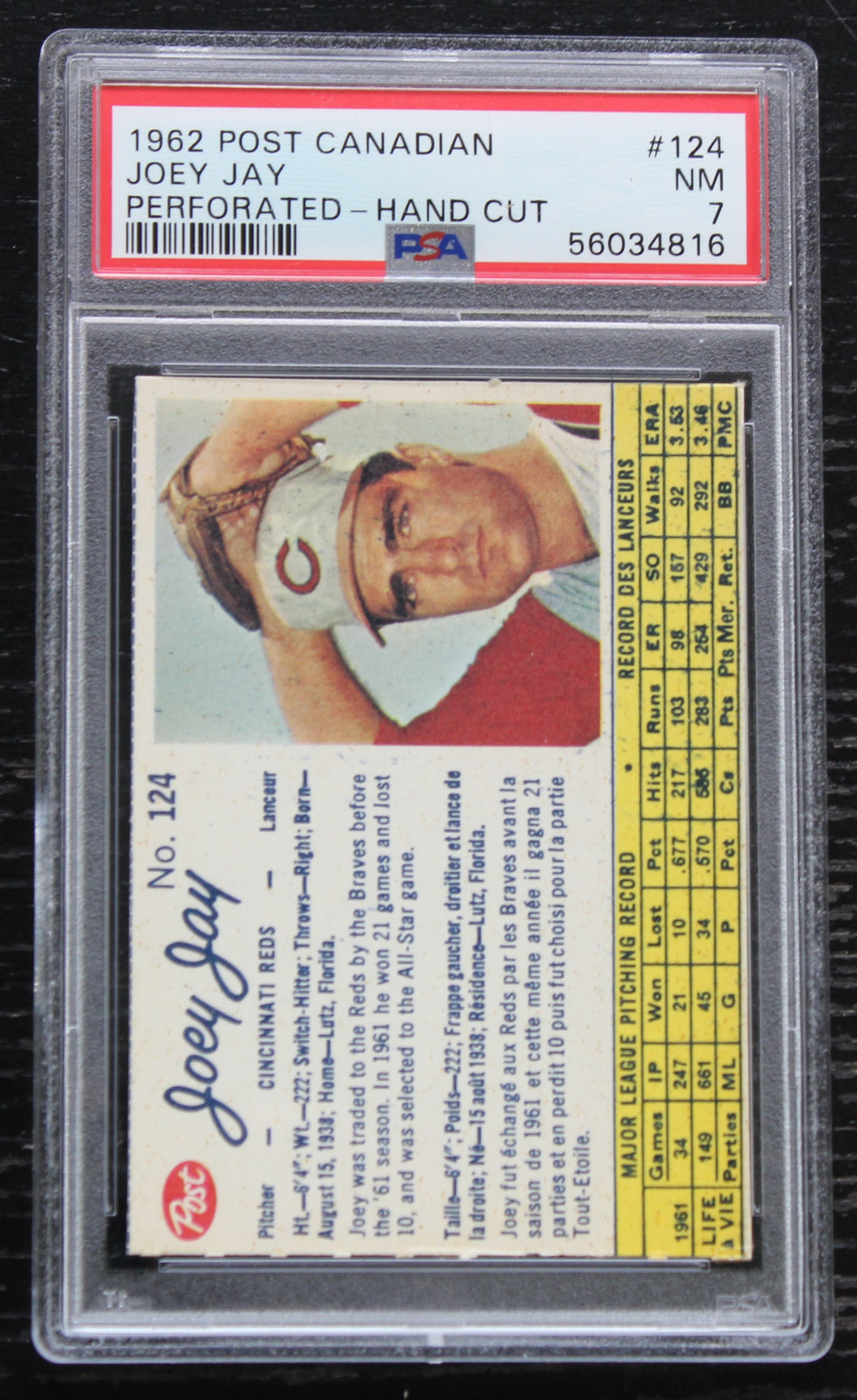 1962 Post Canadian Joey Jay Perforated - Hand Cut #124 PSA NM 7