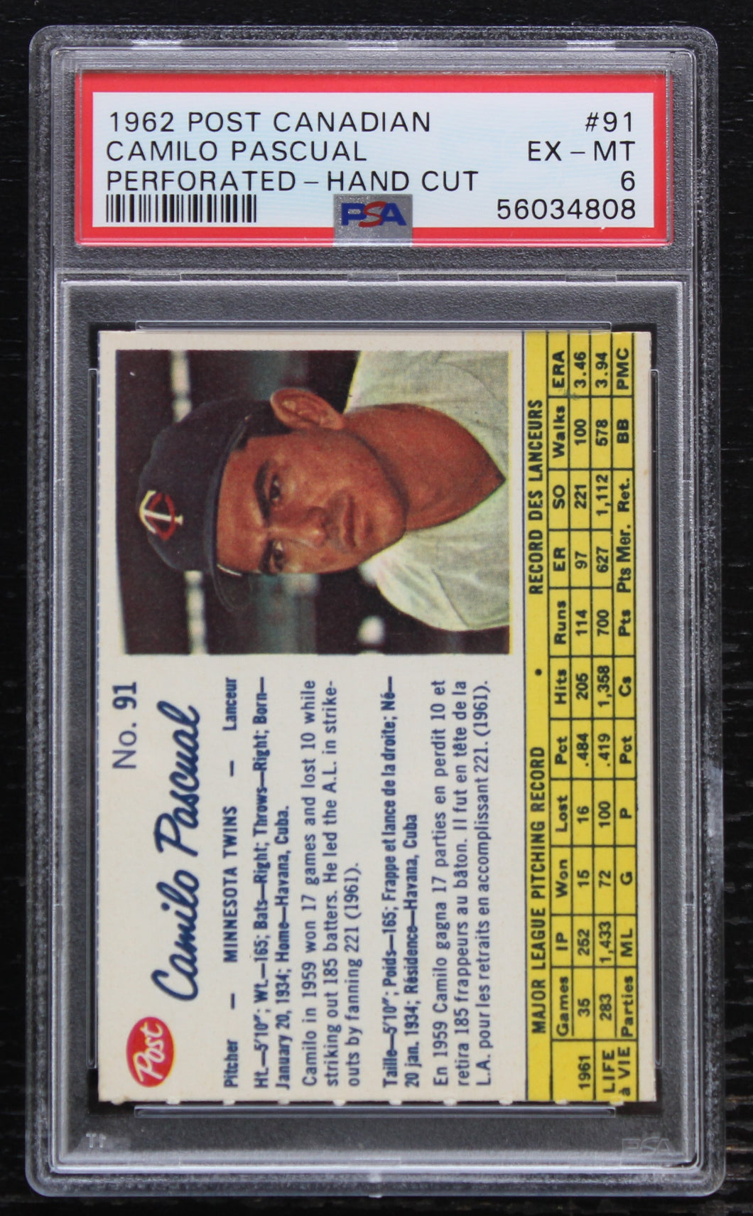 1962 Post Canadian Camilo Pascual Perforated - Hand Cut #91 PSA EX-MT 6