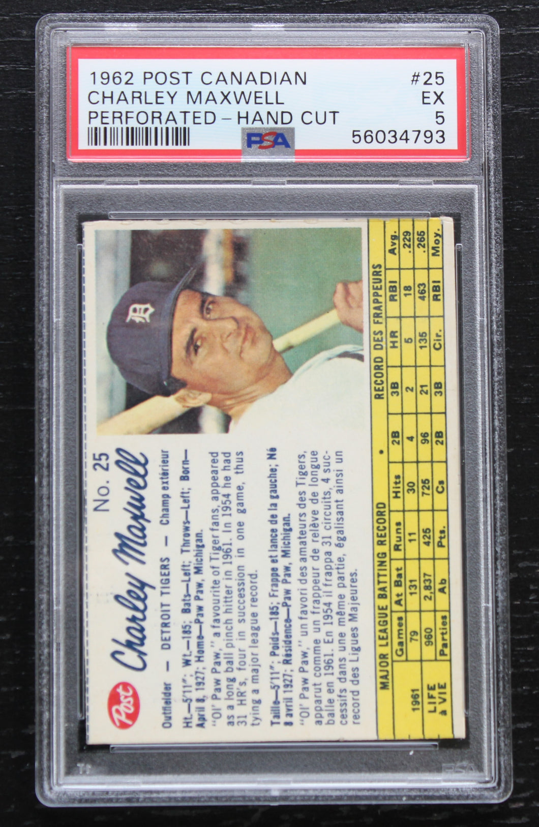 1962 Post Canadian Charley Maxwell Perforated - Hand Cut #25 PSA EX 5