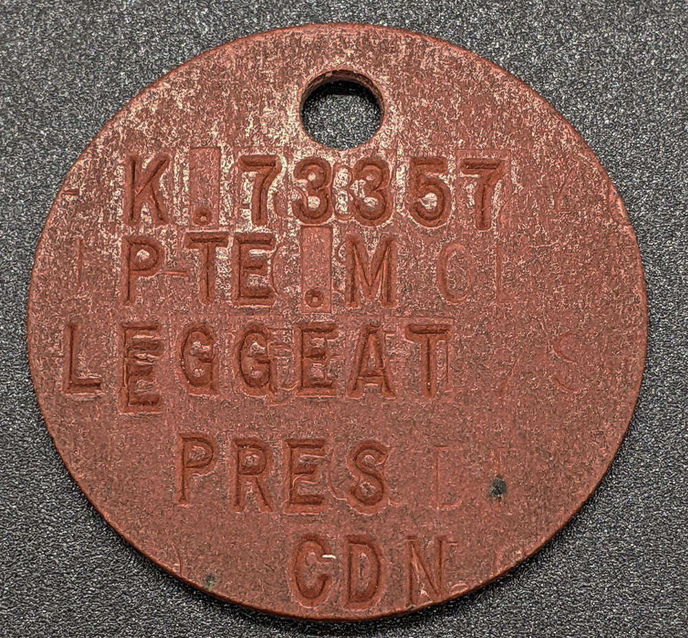 WWII Canadian Dogtag -- K. 73357 Pte. M. Leggeat