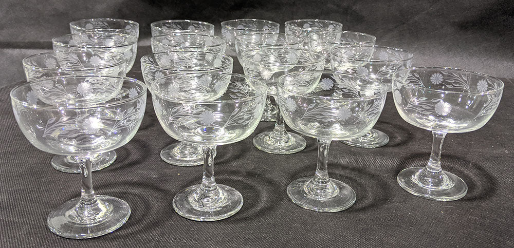 16 Etched Glass Champagne / Sherbert Glasses
