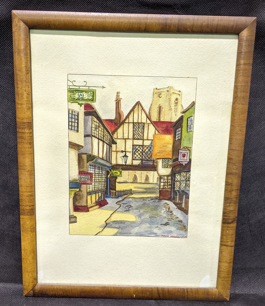 Framed Artwork - Old European Town, Cobblestone Road