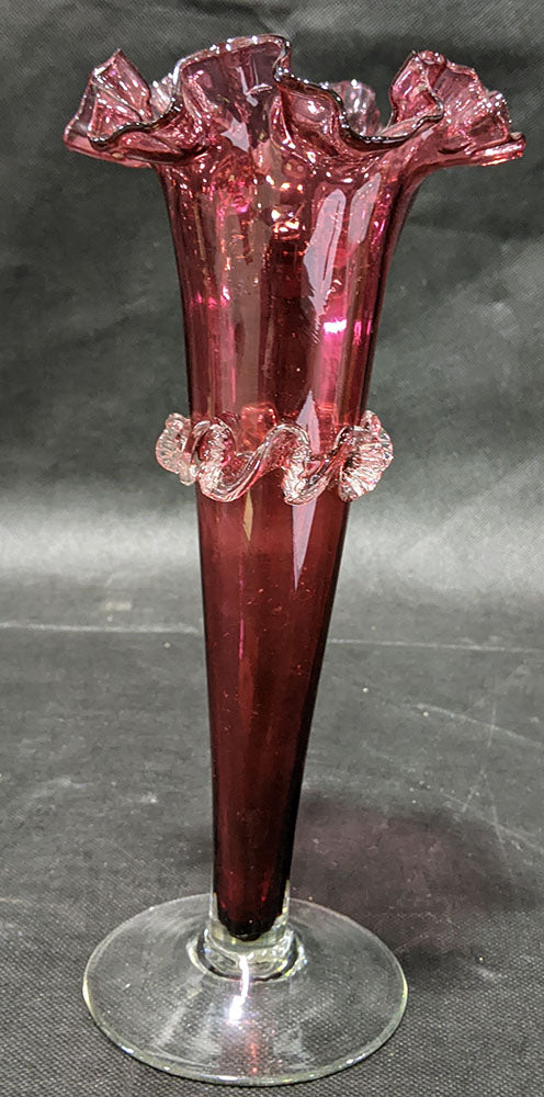 Cranberry Glass Vase, Hand Applied Ribbon Detail