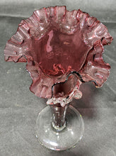 Load image into Gallery viewer, Cranberry Glass Vase, Hand Applied Ribbon Detail
