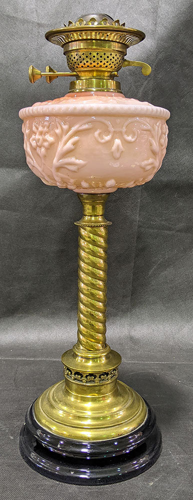 Victorian Banquet Lamp, Embossed Peach Glass, Brass Column English Made