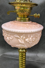 Load image into Gallery viewer, Victorian Banquet Lamp, Embossed Peach Glass, Brass Column English Made
