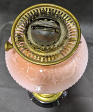 Load image into Gallery viewer, Victorian Banquet Lamp, Embossed Peach Glass, Brass Column English Made
