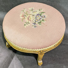 Load image into Gallery viewer, Small Round Wood &amp; Pink Needlepoint Footstool
