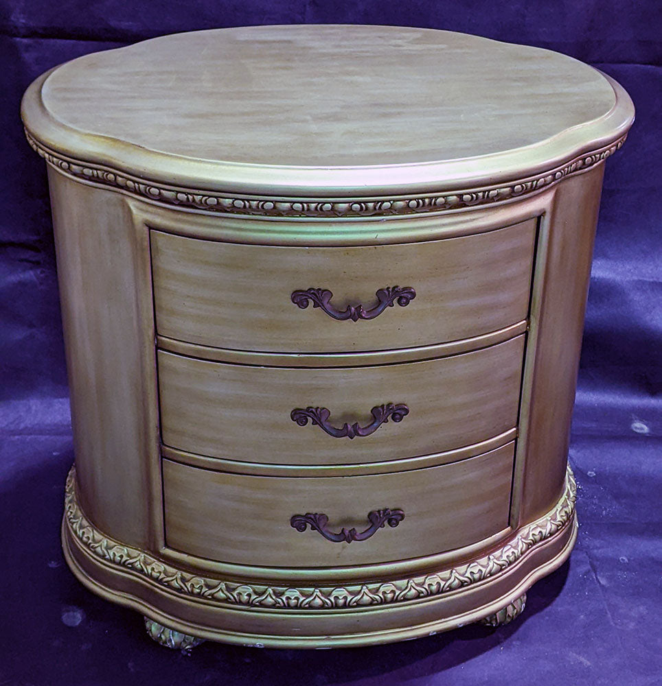 Gold Tone Oval Bombe Table with 3 Drawers