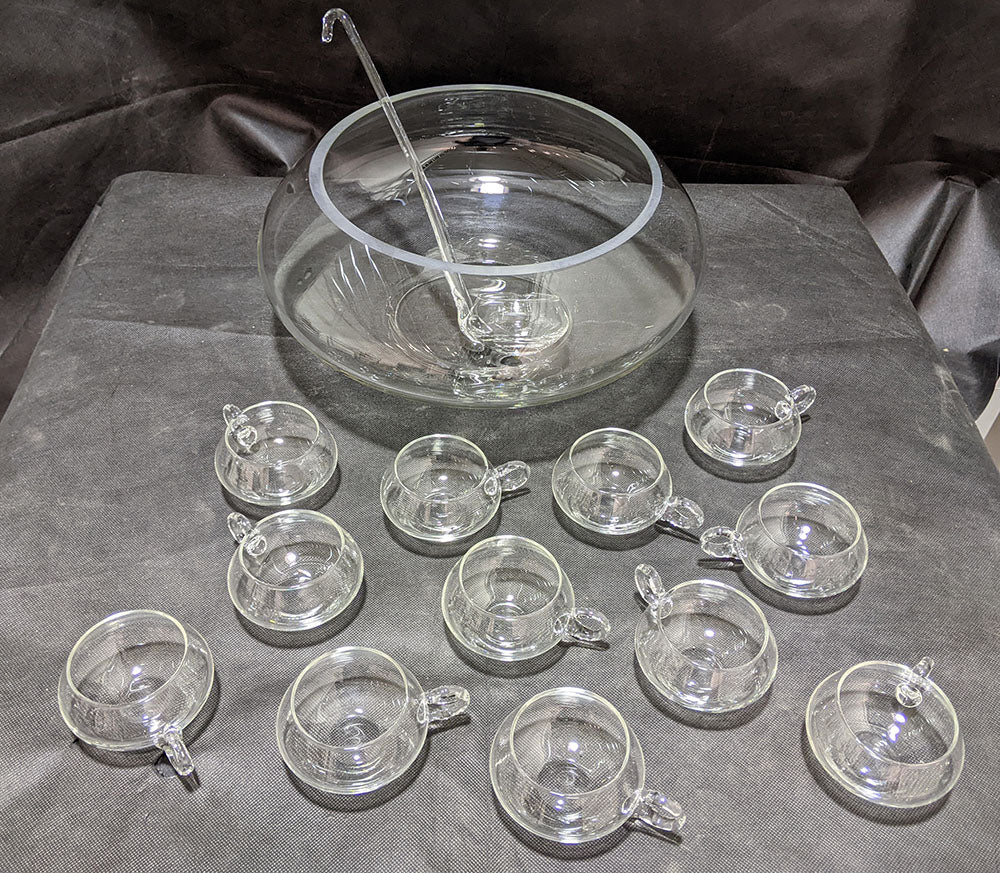 Large Glass Punch Bowl, 12 Glasses & Ladle