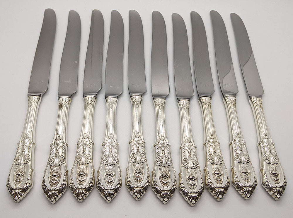 10 Wallace Sterling Silver Rose Point Pattern New French Blade Knives