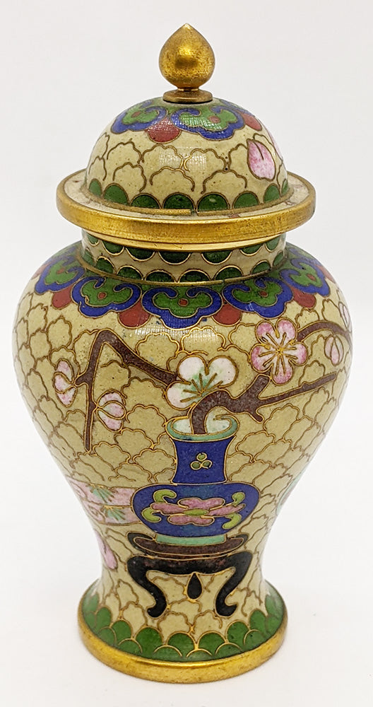 Vintage Chinese Cloisonne Enamel Lidded Trumpet Jar / Vase / Urn