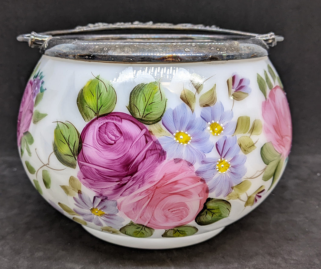 Vintage Painted Milk Glass Biscuit Barrel - S/P Top - No Lid - Signed PEGGY