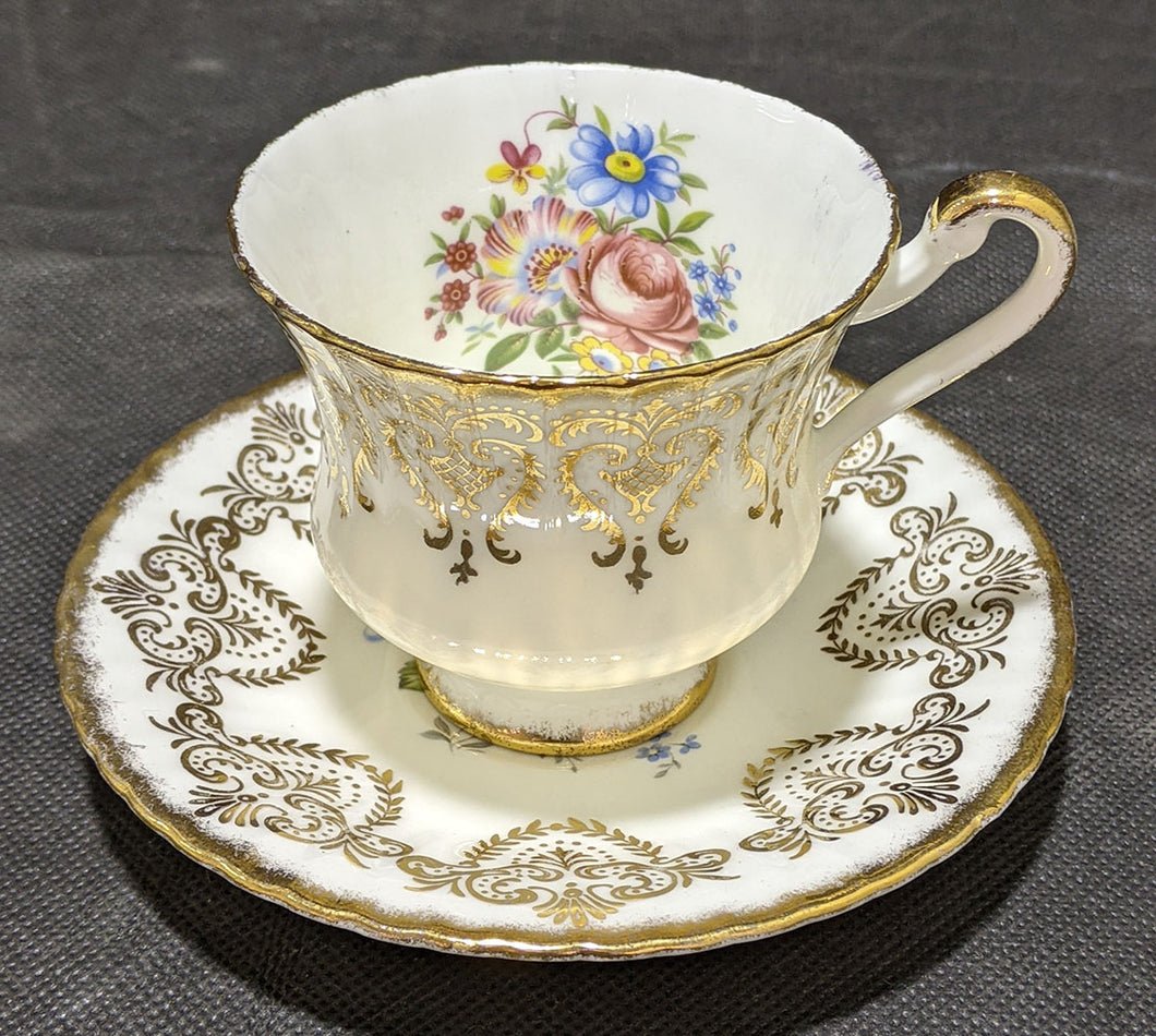 Paragon Tea Cup & Saucer White, Floral & Gold