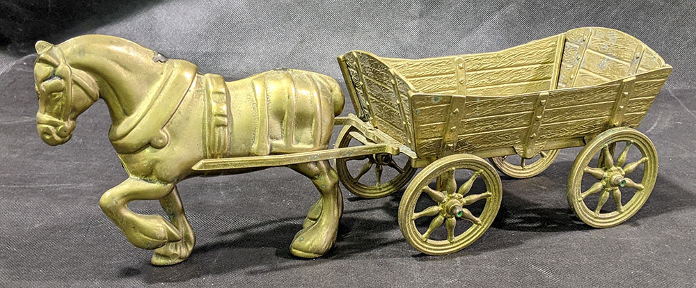 Heavy MCM Brass Clydesdale Horse & Cart / Wagon Figurine - Large - As Is