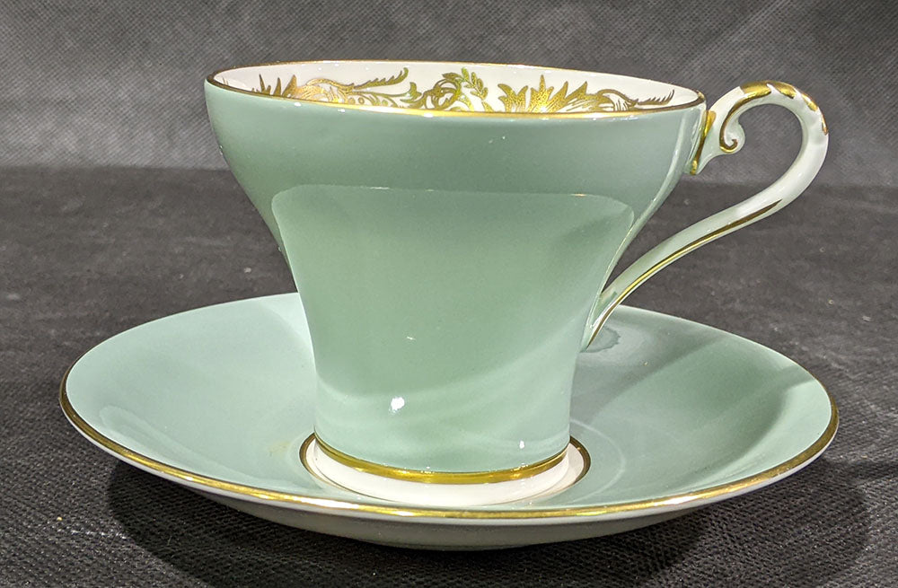 AYNSLEY Fine Bone China Corset Tea Cup & Saucer - Green & Gold