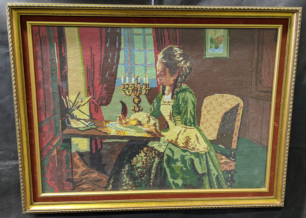 Vintage Framed Needlepoint Artwork - Woman Writing