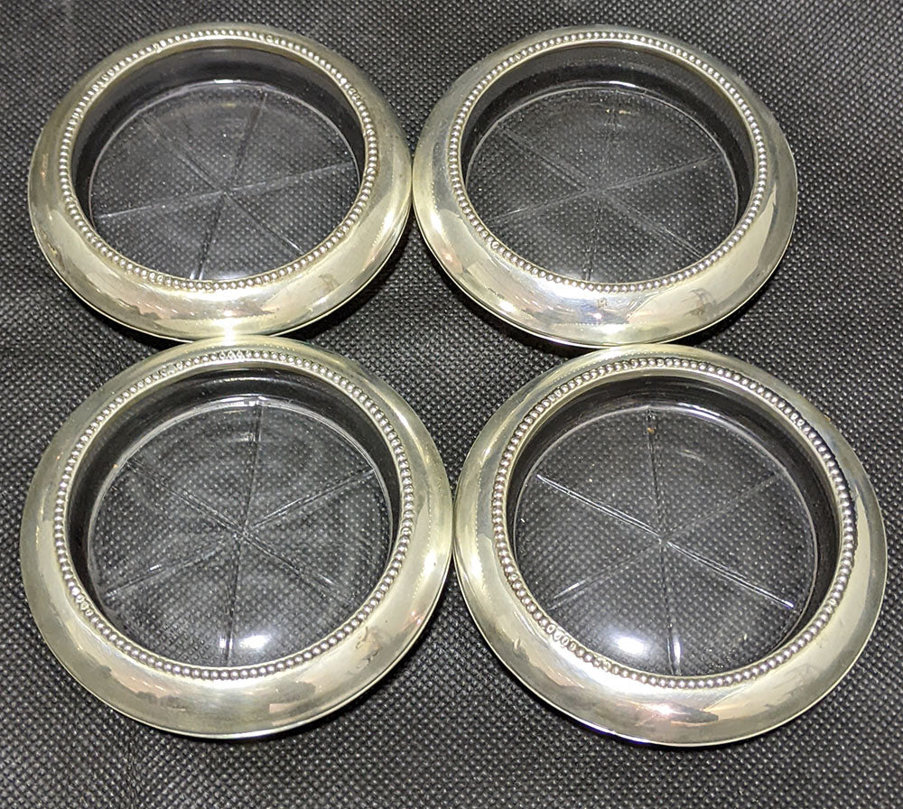 4 Sterling Silver Rimmed Glass Coasters by Whiting