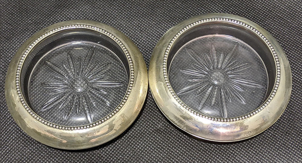 2 Sterling Silver Rimmed Glass Coasters by Frank Whiting & Co.