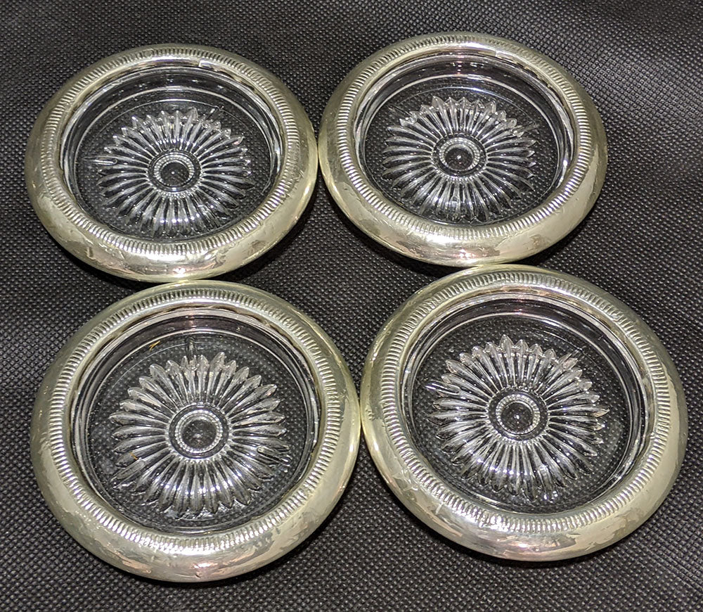 4 Sterling Silver Rimmed Glass Coasters