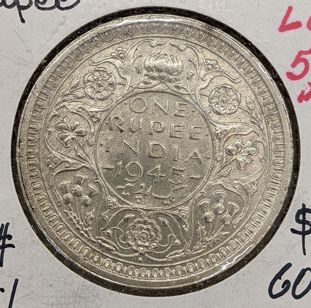 1945 B British India Silver 1 Rupee Coin