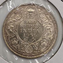 Load image into Gallery viewer, 1936 B British India Silver 1/2 Rupee Coin
