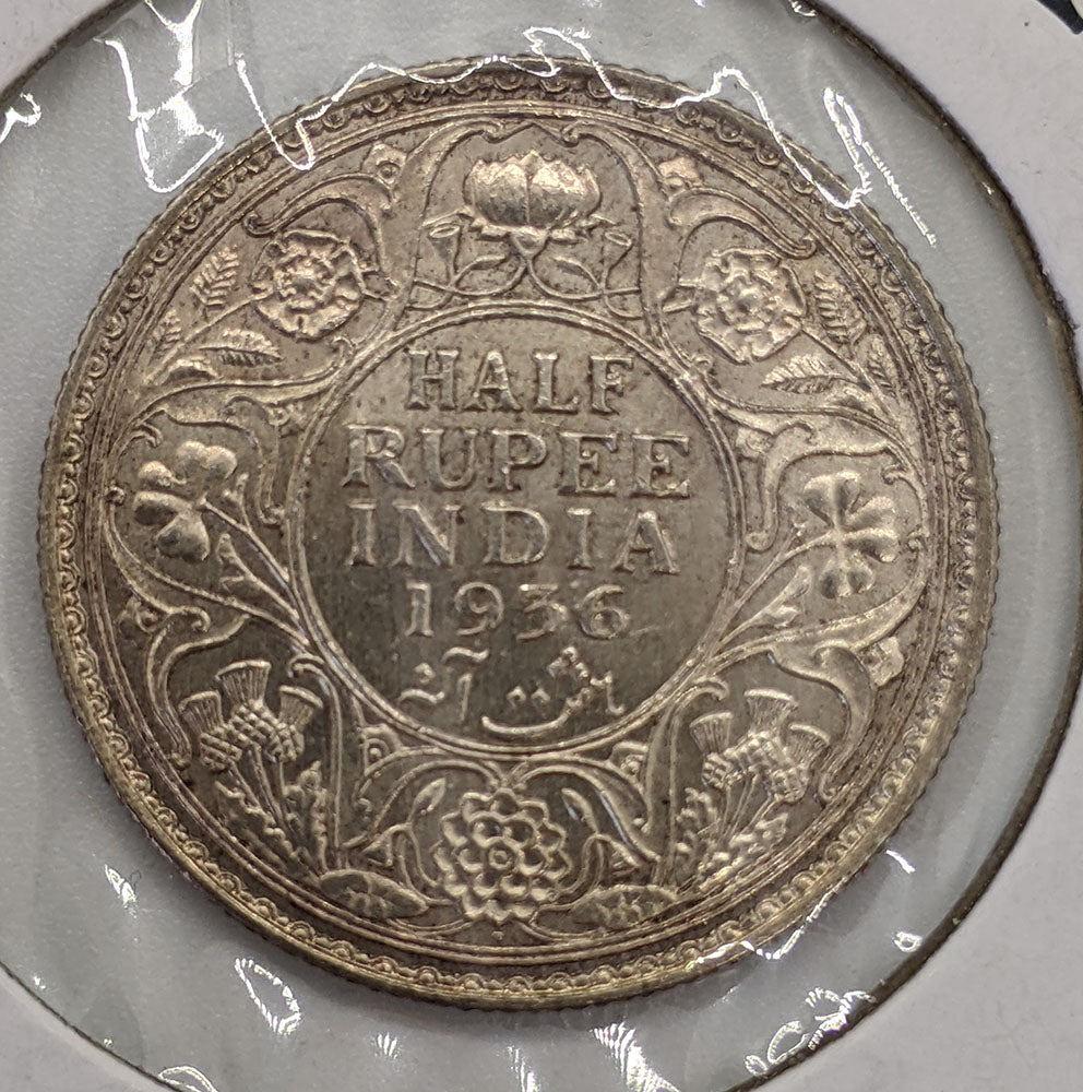 1936 B British India Silver 1/2 Rupee Coin