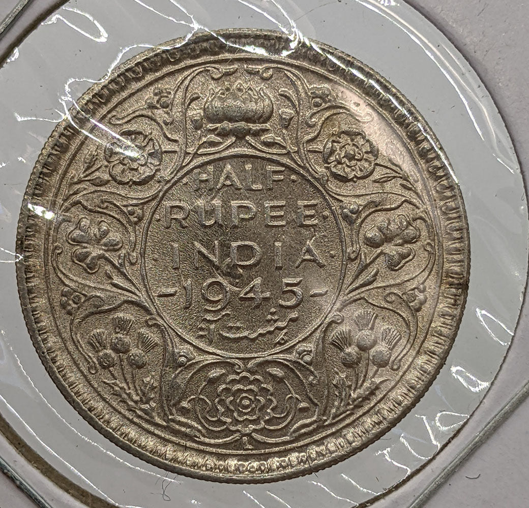 1945 British India Silver 1/2 Rupee Coin