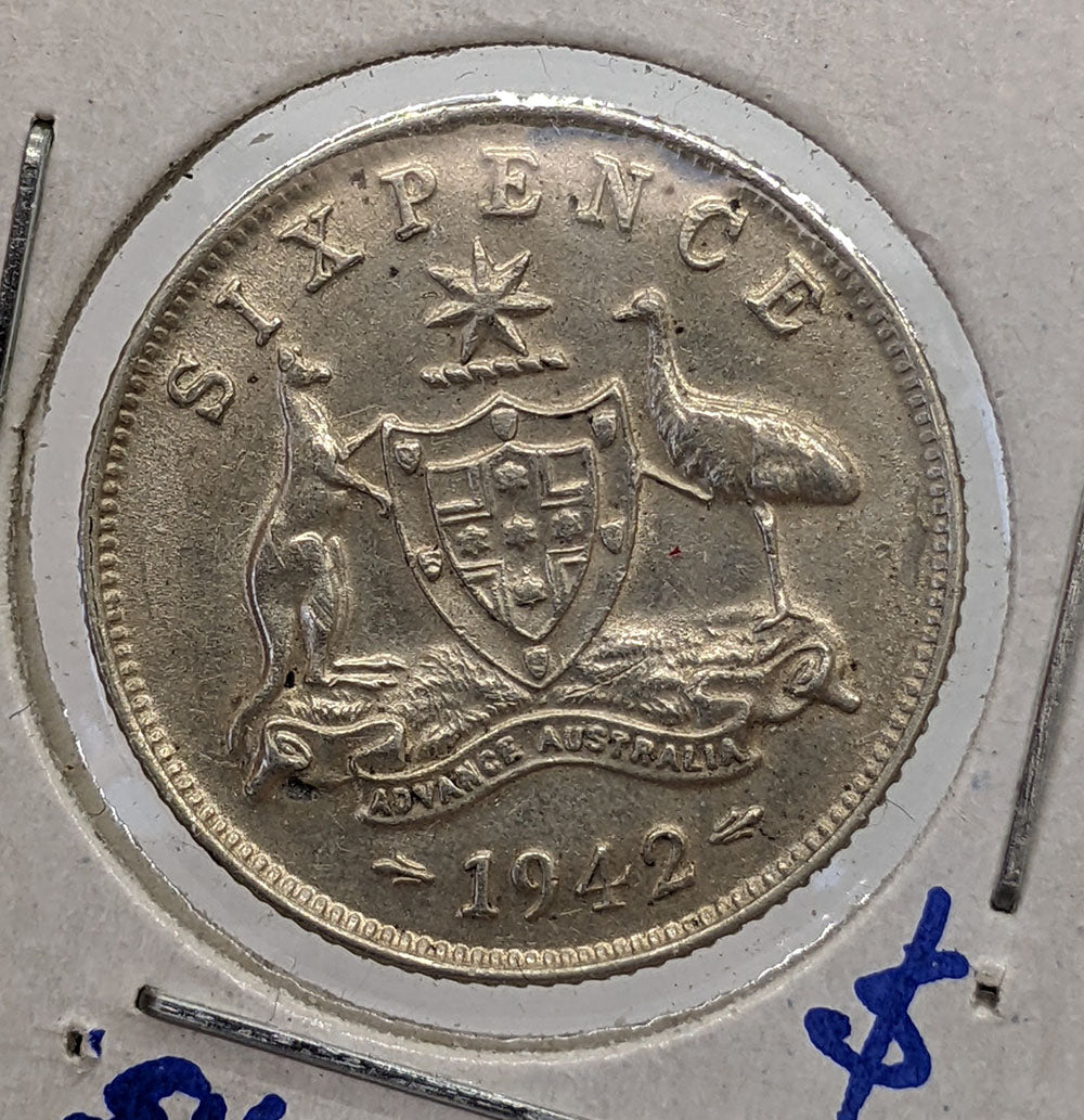 1942 M Australia Silver 6 Pence Coin
