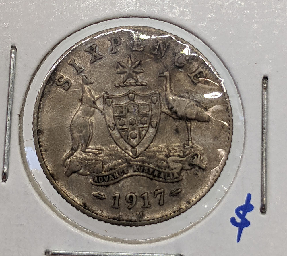 1917 M Australia Silver Sixpence Coin