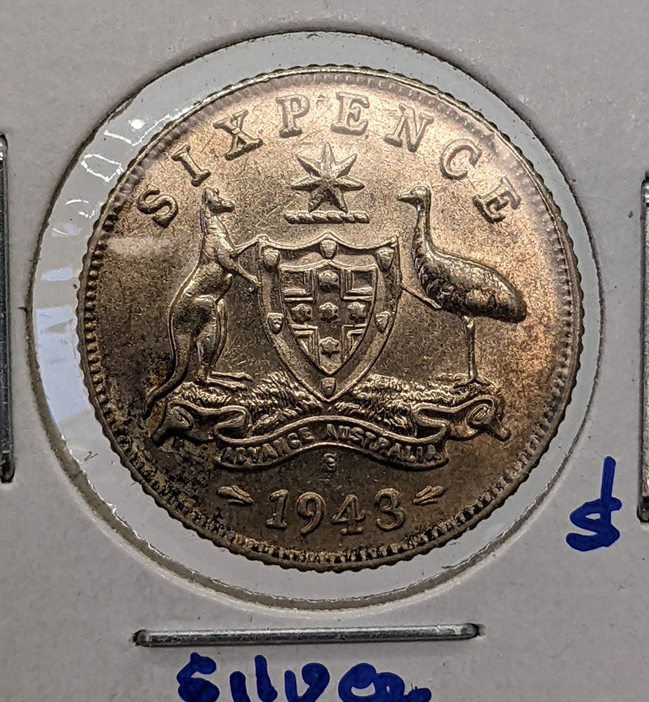 1943 S Australia Silver 6 Pence Coin