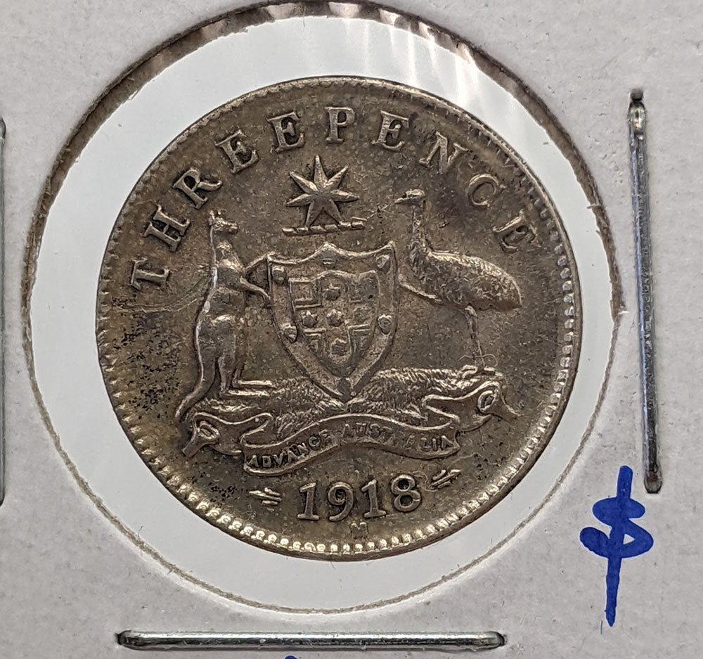 1918 M Australia Silver Three (3) Pence Coin
