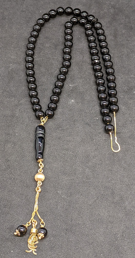 Tasbih Prayer Beads - Black Onyx Bead - 18 Kt Chain & Tassel - 24