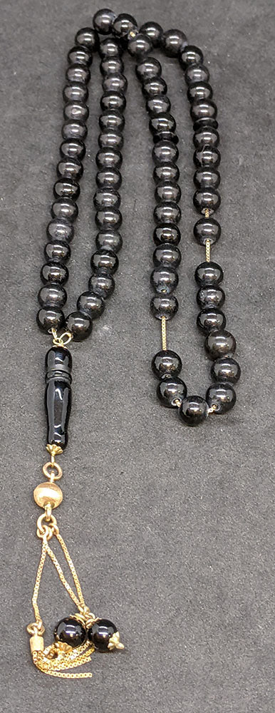 Tasbih Prayer Beads - Black Bead - 18 Kt Chain & Tassel - 20